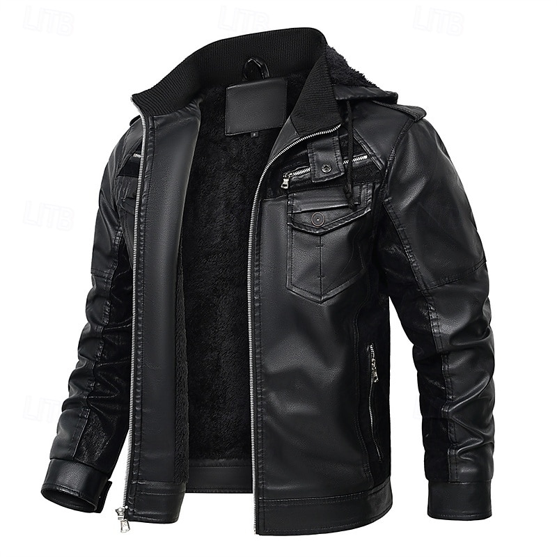 Men's Faux Leather Jacket Fleece Jacket Biker Jacket Motorcycle Jacket Vacation Daily Windproof Warm Pocket Winter Plain Fashion Classic Hooded Regular Black Jacket