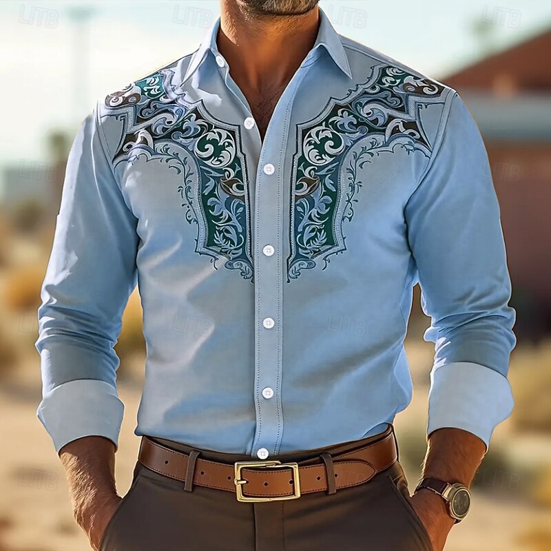 Men's Scroll Floral Print Ethnic Shirt Western Shirt Cowboy Shirt Long Sleeve Vintage Retro Outdoor Vacation Spring Fall Turndown 3D Print Linen Like Shirt Light Khaki Pink Blue Purple4