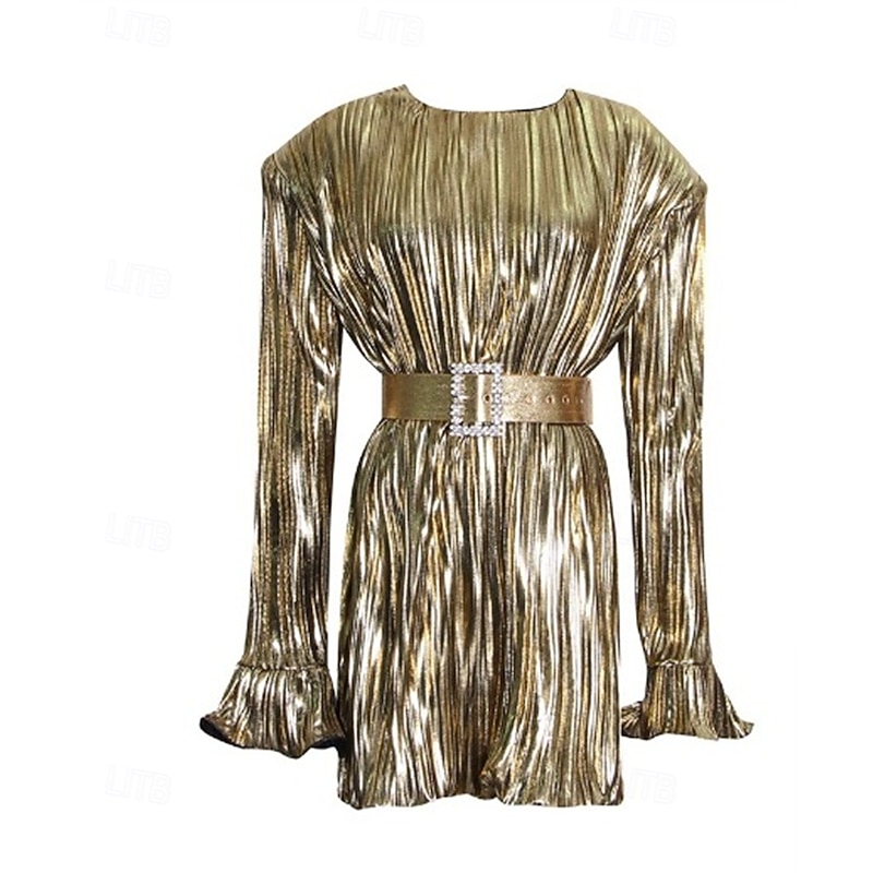 Women's Midi Dress Sequin Dress Elegant Fashion Modern Outdoor Party Daily Regular Fit Plain Long Sleeve Crew Neck Gold Spring Autumn4