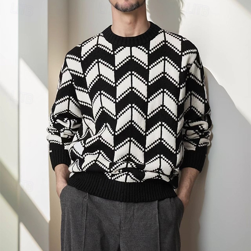 Men's Geometic Pullover Sweater Jumper Knitwear Crewneck Casual Vacation Daily 3D Print Keep Warm Long Sleeve Spring Fall Winter Black
