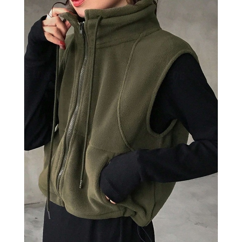 Women's Zip Up Sweatshirts Plain Fashion Casual Sleeveless High Neck Regular Tops Street Casual Holiday Zipper Pocket Army Green Fall Winter2
