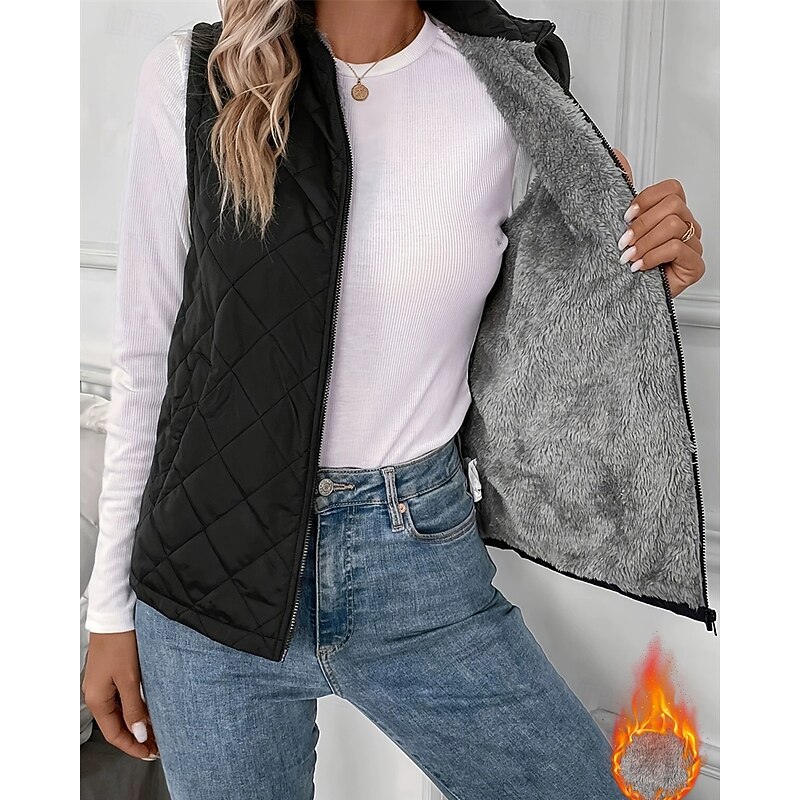 Women's Puffer Jacket Quilted Jacket Casual Jacket Comfortable Breathable Zipper Pocket Casual Plain Vacation Street Casual Daily Wear Zipper Regular Turndown Regular Fit Sleeveless Outerwear Black2