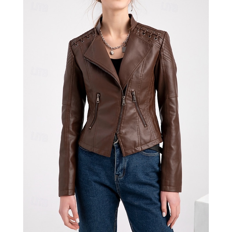 Women's Faux Leather Jacket Comfortable Zipper Pocket Casual Plain Vacation Daily Wear Going out Weekend Regular Turndown Regular Fit Long Sleeve Outerwear Black Pink Red Spring Fall2