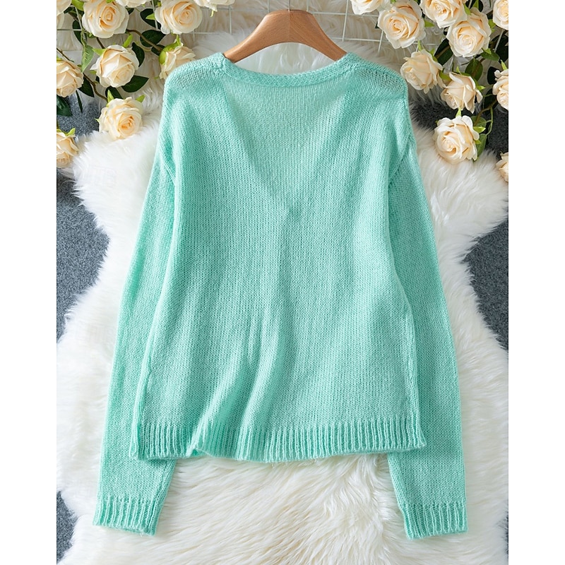 Women's Sweater Cardigan Streetwear Casual Solid Color V Neck Buttons Knitted Long Sleeve Regular Tops Knit Daily Holiday Going out Light Blue Fall Winter3