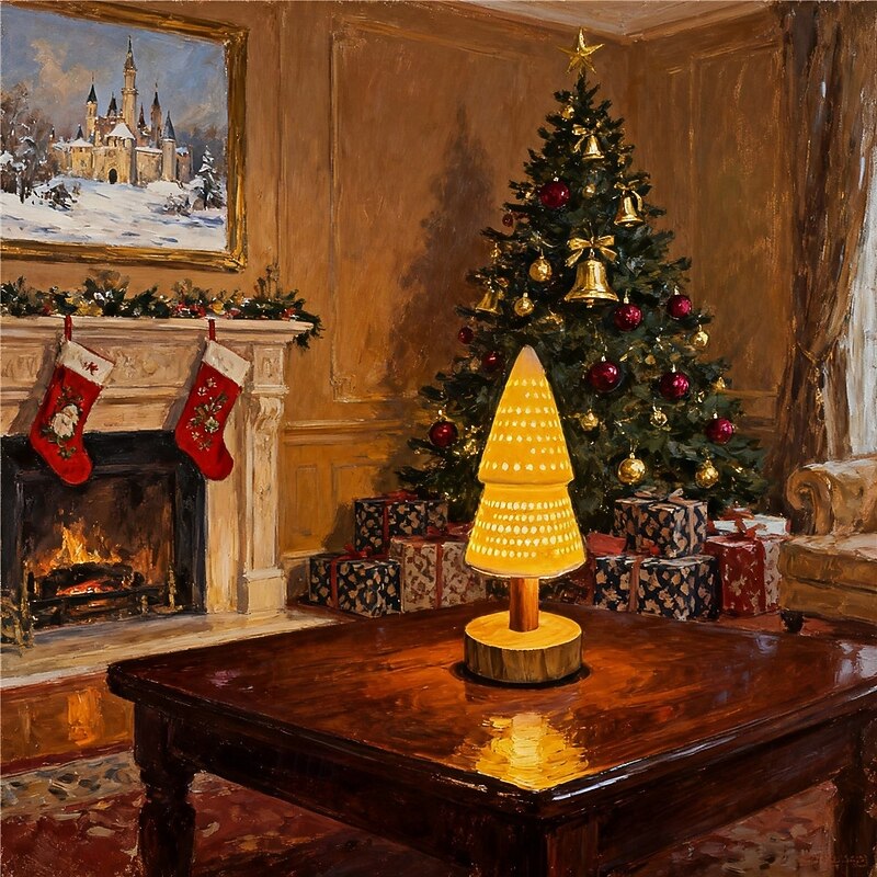 Ceramic Christmas Tree Hollow Decorative Light LED Creative Atmosphere Light Bedroom Bedhead Desk Lamp Christmas Gift Light Festival Party Atmosphere Light Battery Box 1PC