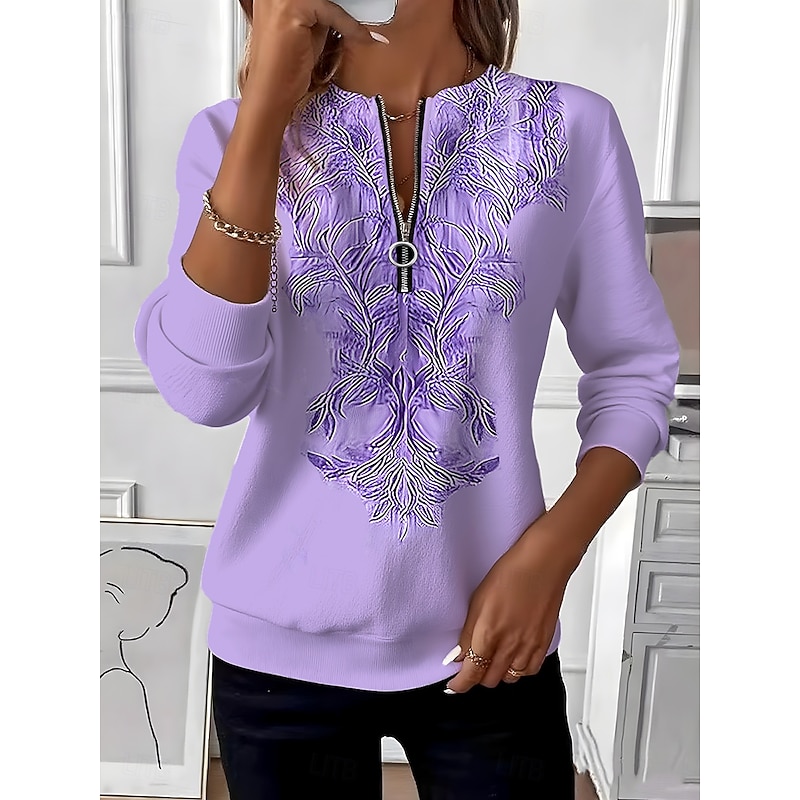 Women's Pullover Sweatshirt Zip Up Sweatshirts Floral Graphic Paisley Fashion Casual Long Sleeve Crew Neck Regular Tops Street Dailywear Casual Zipper Print Yellow Pink Light Purple Light Blue Fall2