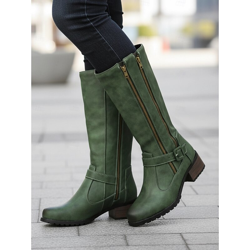 Women's Mid-Calf Faux Leather Boots with Double Zipper and Buckle Strap – Casual Western Style for Outdoor and Everyday Wear