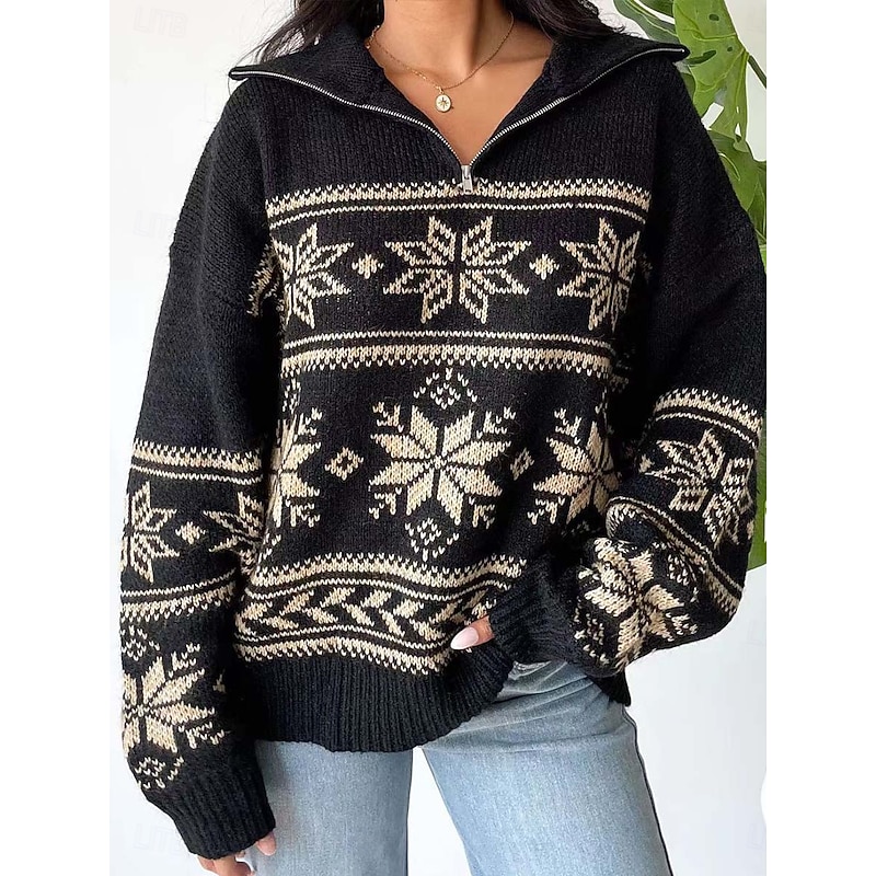 Women's Fair Isle Sweater Quarter Zip Pullover Elegant Vintage Daily Geometric Ribbed Shirt Collar Zipper Floral Long Sleeve Regular Tops Knit School Outdoor Home Black White Spring Fall