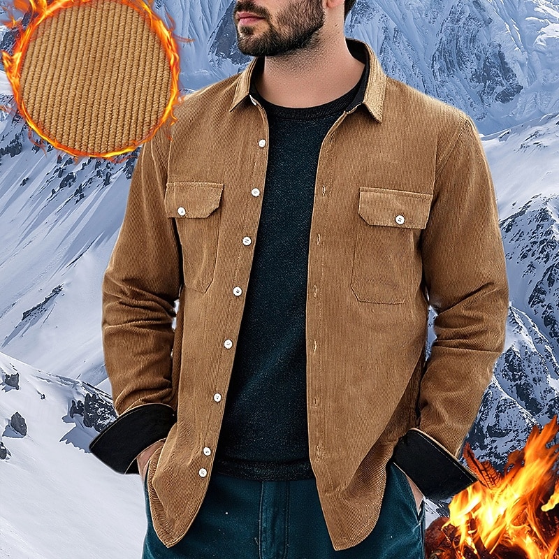 Men's Fleece Shirt Corduroy Shirt Button Up Shirt Cargo Shirt Overshirt Outdoor Work Red Blue Green Khaki Long Sleeve Turndown Spring &  Fall Clothing Apparel Pocket