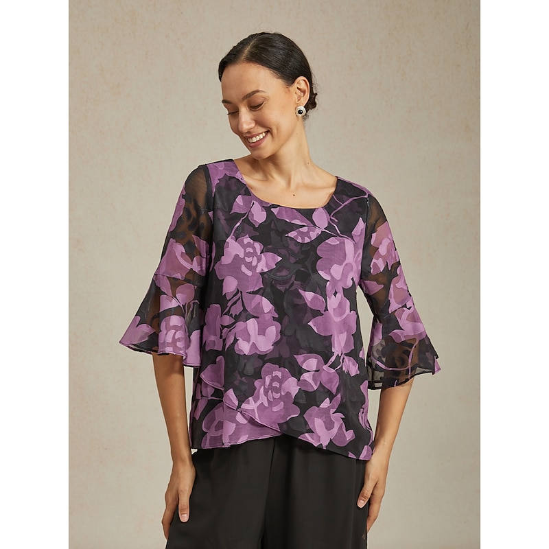 Women's Chiffon Burnout Top Black Purple Round Neck Casual Vacation Spring Summer Fall
