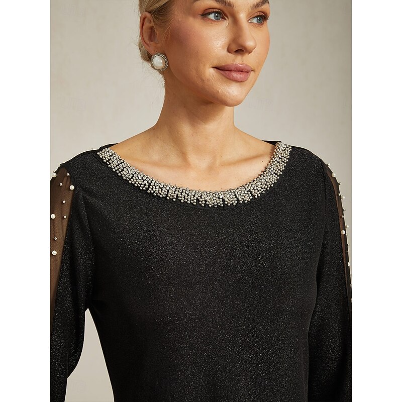 Women's Dressy Tops Elegant Daily Ladies 3/4 Length Sleeve Crew Neck Regular Tops Wedding Guest Party Evening Wear Semi Formal Beaded Metallic Illusion Black Spring Fall Winter3