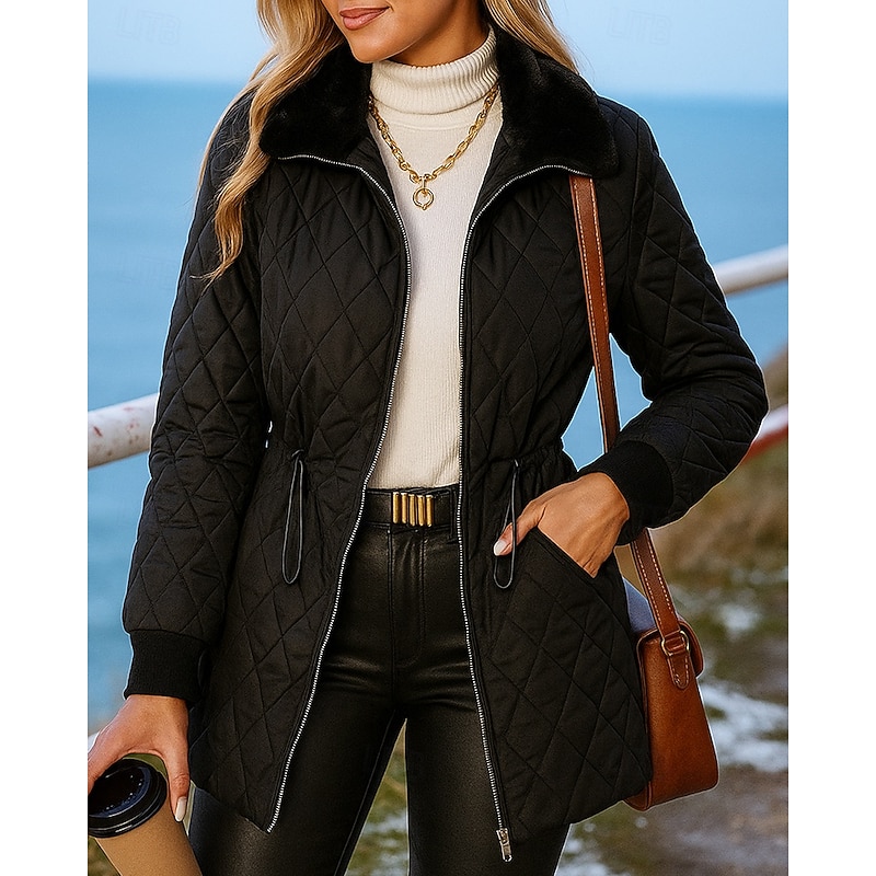 Women's Long Winter Coat Fleece Zip Up Jacket Drawstring with Pockets Long Sleeve Top Athleisure Solid Colored Windproof Warm Hiking Travel Vacation Sportswear Activewear Black Blue Coffee3