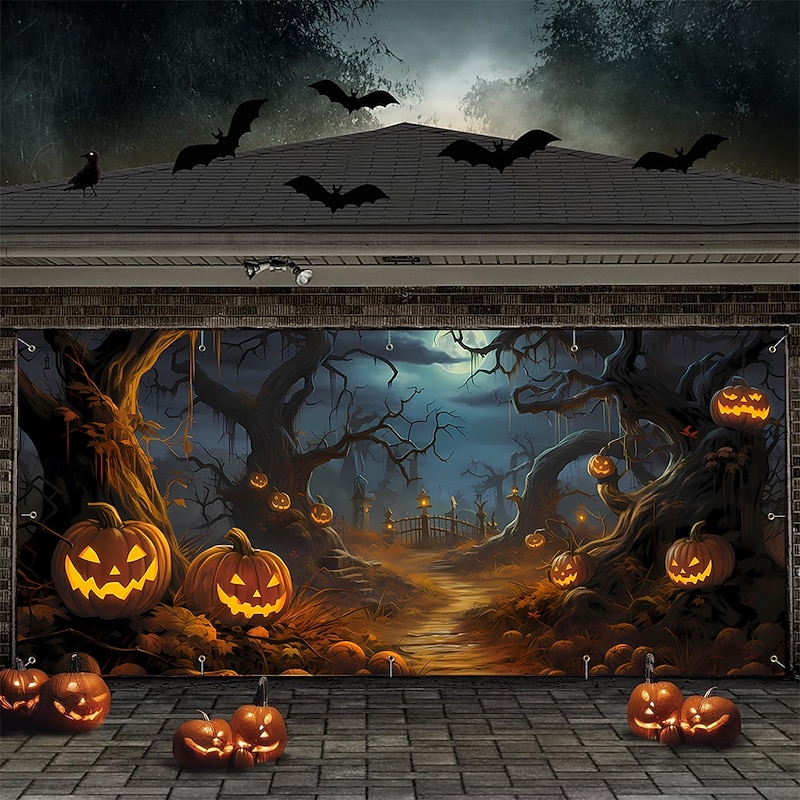 Halloween Garage Door Cover Large Hanging Backdrop Pumpkin Cemetery Tree Dark Punk Gothic Style Party Outdoor Shooting Backgrounds Yard Haunted House Home Decor2