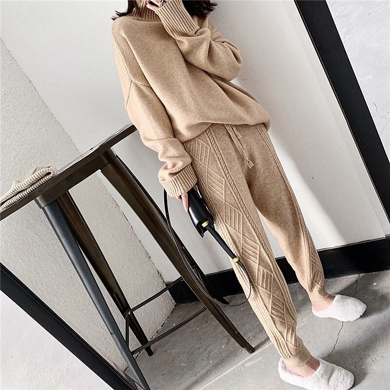 Women's Pants Trousers Tapered Carrot Pants Fashion Streetwear Full Length High Waist Plain Jacquard Elastic Waist Knitted Warm Comfortable Micro-elastic Street Daily Wear Going out Camel Black Beige4