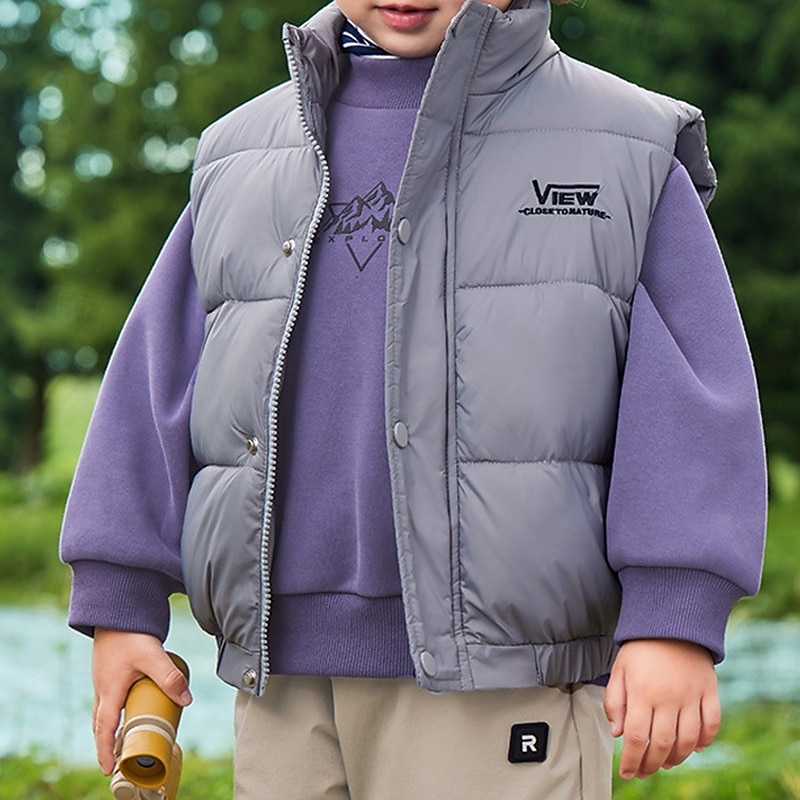 Kids Unisex Vest Coat Outerwear Solid Color Sleeveless Buttons Keep Warm Soft Breathable Coat Outdoor Cotton Fashion Daily Khaki Gray Fall Winter 4 years+3