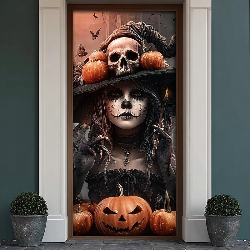 Halloween Door Cover Outdoor Banners Pumpkin Witch 3D Psychedelic Dark Punk Gothic Style Party Outdoor Shooting Backgrounds Front Door Wall Porch Home Decor2