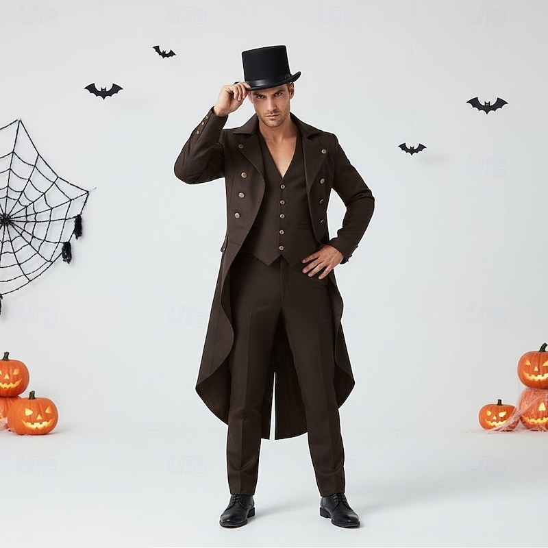 Medieval Renaissance Steampunk Coat Tuxedo Tailcoat Vampire Mad Hatter Nobleman Fancy Dress Men's Fantasy Steampunk Halloween Carnival Party Party / Evening Masquerade Adults' Coat Hat All Seasons2