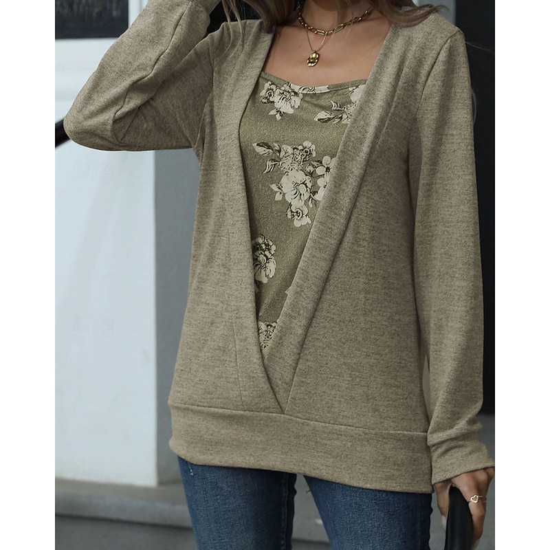Women's Shirt Blouse Floral Stylish Basic Casual Long Sleeve Square Neck Regular Tops Daily Holiday Patchwork Print Khaki Spring Fall Winter2