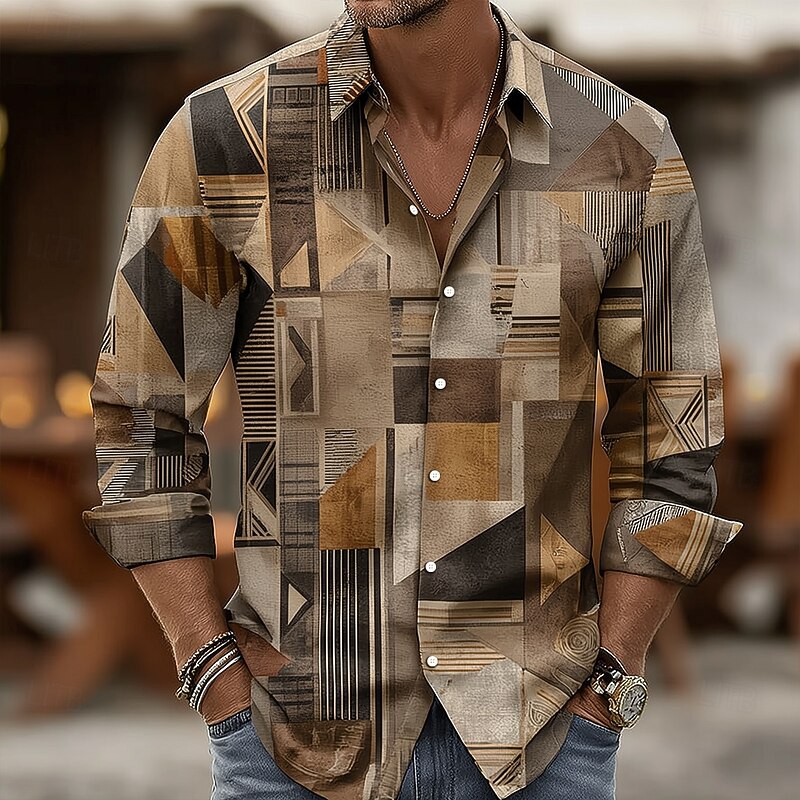 Men's Geometric Color Block Patchwork Shirt Button Up Shirt Long Sleeve Vintage Retro Outdoor Casual Holiday Spring Fall Turndown 3D Print Collared Shirts Pink Blue Purple Green Khaki