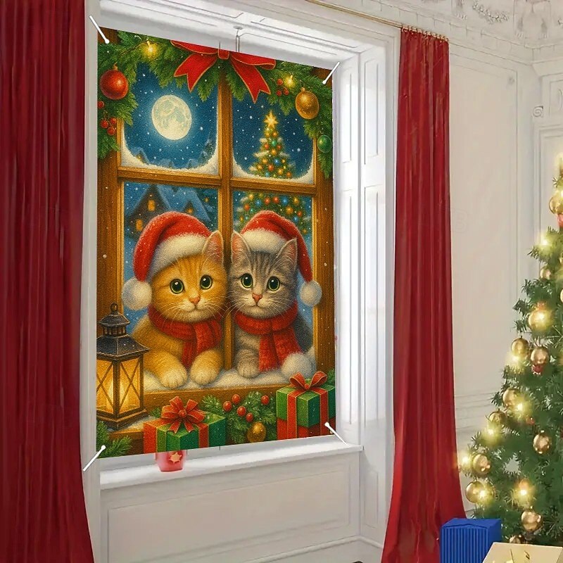 Christmas Cat and Dog Curtain, 2025 Xmas Pet Theme Window Curtain Door Cover for Holiday Party Decoration, Indoor Outdoor Hanging Tapestry4