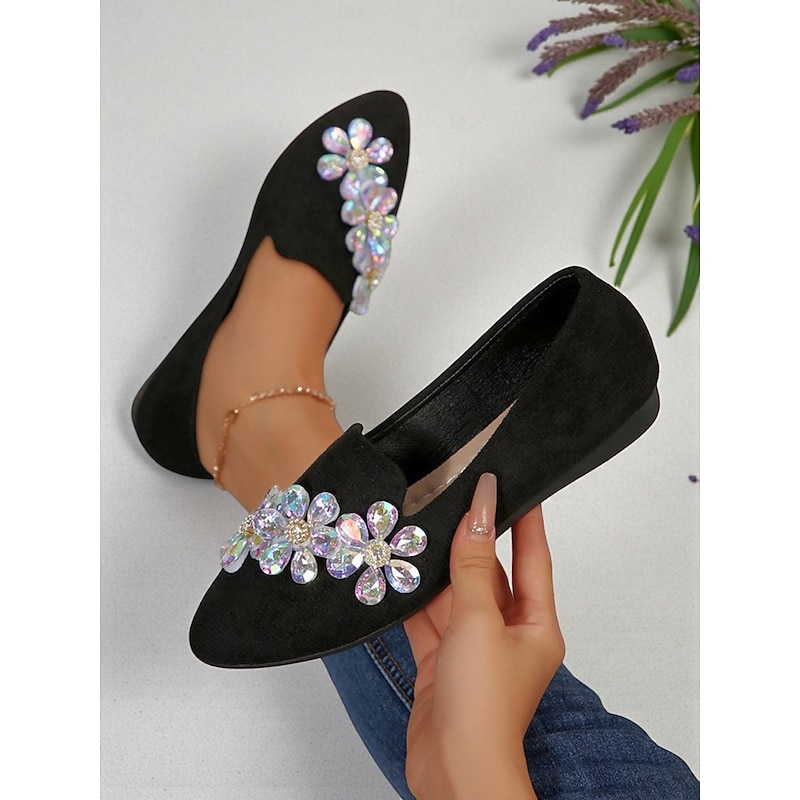 Women's Black Faux Suede Slip-on Shoes with Rhinestone Flower Embellishment – Elegant Comfort Shoes for Parties and Daily Wear3