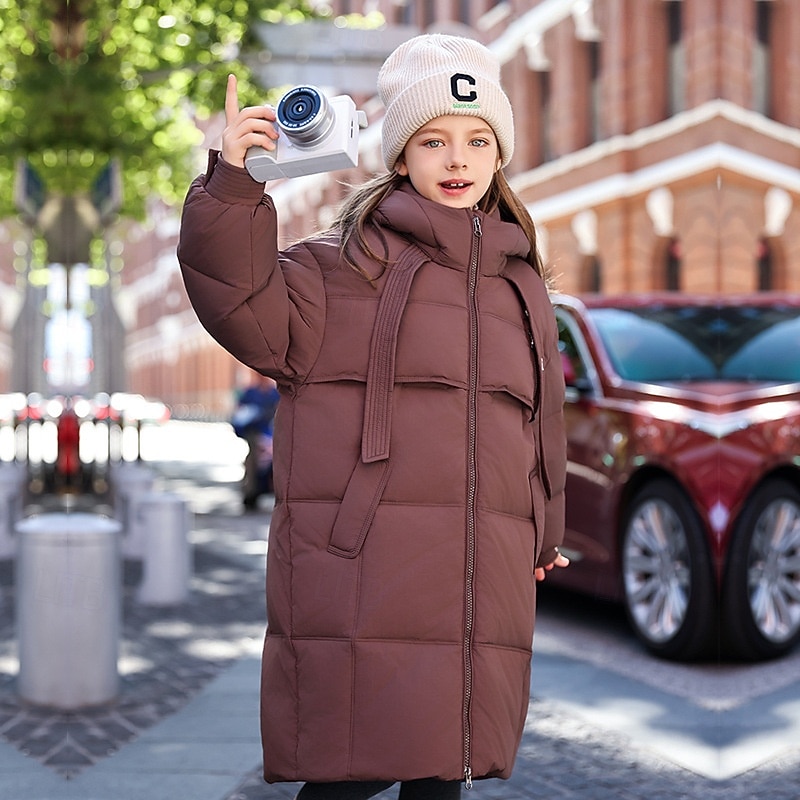 Kids Girls' Down Jacket Outdoor Jacket Puffer Jacket Solid Color Fashion Keep Warm Windproof Outdoor Coat Outerwear 4-12 Years Fall Black Purple Coffee4