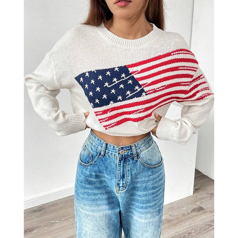 Women's Sweater Pullover Fashion Casual Graphic Ribbed Crew Neck Knitted Print Long Sleeve Regular Tops Knit Outdoor Daily Weekend White Dark Blue Fall Winter3
