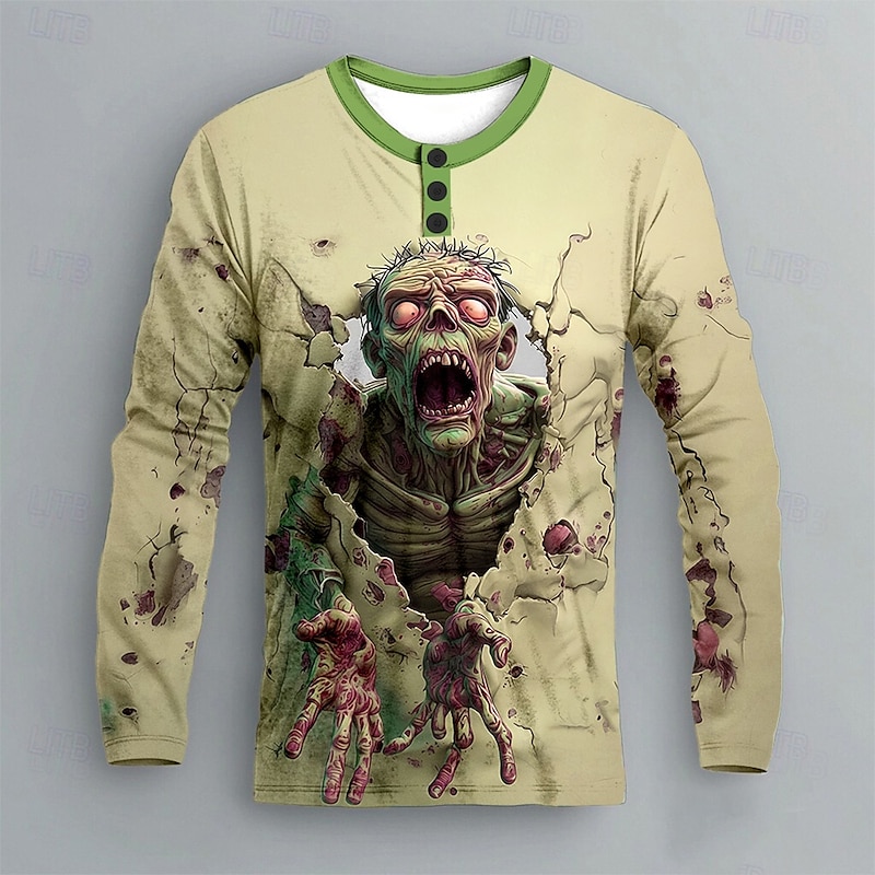 Men's Halloween Zombies Henley Shirt Long Sleeve Fashion Cute Daily Casual Holiday Going out Spring Fall Spring &  Fall Blue Green Purple Khaki Henley Henley T-Shirt2