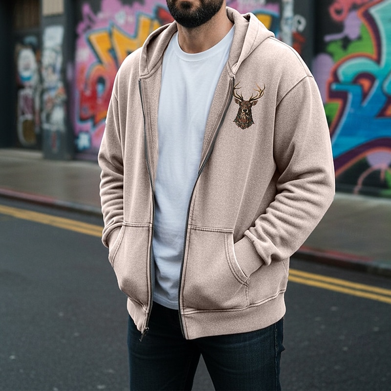 Men's Pullover Hoodie Sweatshirt Distressed Hoodie Apricot Black Pink Coffee Gray Hooded Reindeer Pocket Daily Going out Streetwear 100% Cotton Vintage Retro Casual Fall & Winter Clothing Apparel