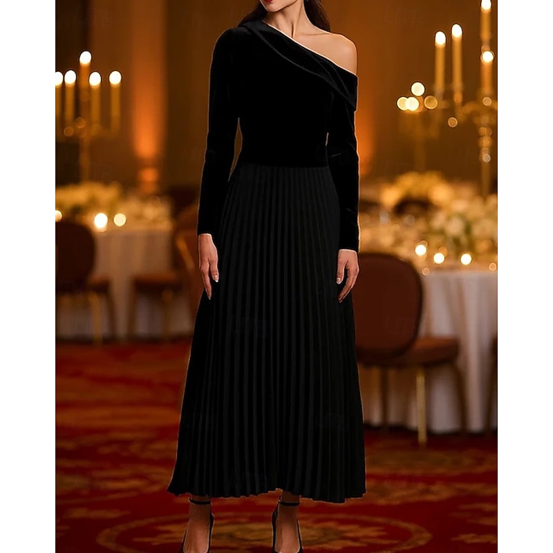 Black Tie Stretch Velvet A-Line Cocktail Dresses Elegant Dress Formal Wedding Tea Length Long Sleeve One Shoulder with Pleats 2025