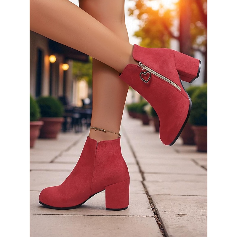 Women's Red Heart Charm Block Heel Ankle Boots - Faux Suede Zip-Up Booties for Christmas, Date Nights & Casual Daily Wear