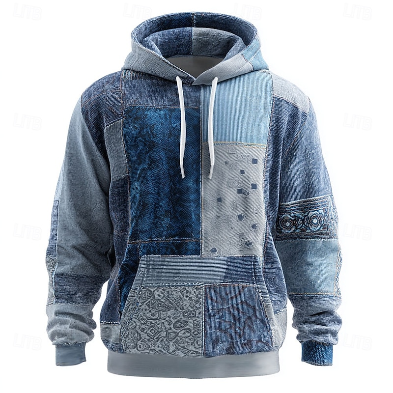 Men's Geometric Plaid Hoodie Sweatshirt Fashion Daily Crew Neck Home Party Streetwear Blue Purple Drawstring Fall Winter Designer