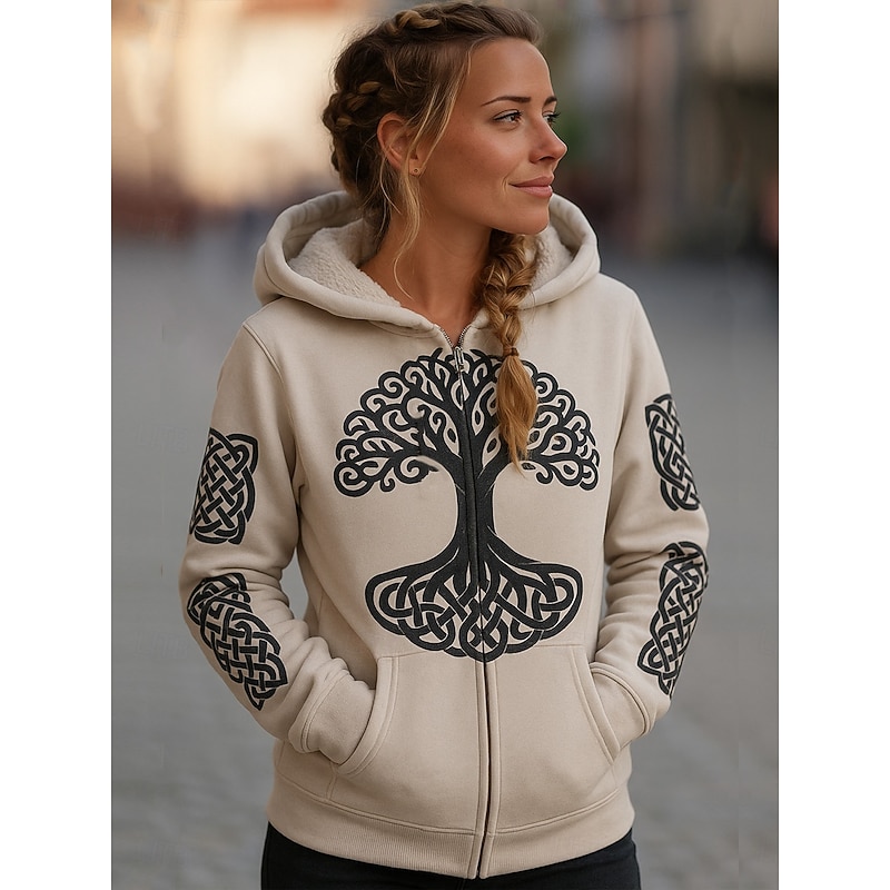 Viking Boho Women's Winter Coat Warm Lightweight Zipper Print Fleece Lined Elegant Vintage Fashion Geometric Home Work Casual Zipper Regular Hooded Loose Fit Long Sleeve Outerwear3