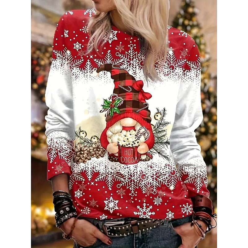 Christmas Women's T Shirt Graphic Snowman Snowflake Vintage Fashion Stylish Long Sleeve Crew Neck Regular Tops Daily Weekend Print Red Summer Spring Fall Winter
