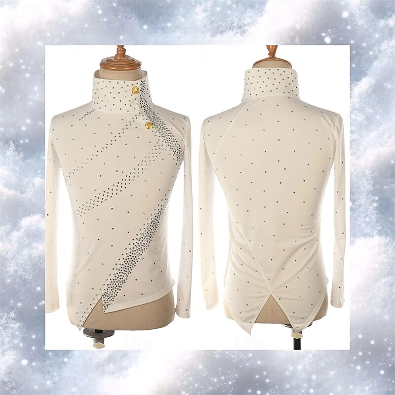 Figure Skating Top Men's Boys' Ice Skating Tops White Patchwork Spandex High Elasticity Training Competition Skating Wear Classic Crystal / Rhinestone Long Sleeve Ice Skating Figure Skating2