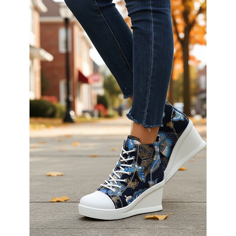 Women's Blue Denim Wedge Sneakers with Butterfly Print – Casual Lace-Up Hidden Heel Boots for Travel, Streetwear and Everyday Outfits3