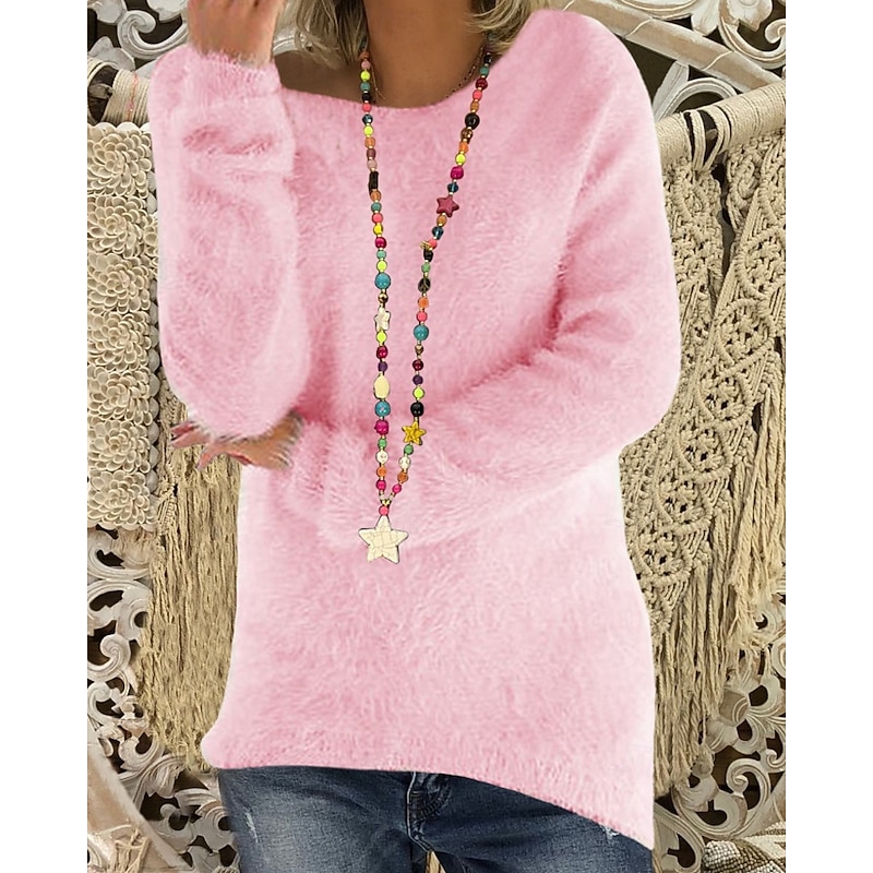 Women's Sweater Pullover Streetwear Casual Pure Color Ribbed Crew Neck Knitted Long Sleeve Regular Tops Knit Outdoor Daily Weekend Hot Pink Pink Fall Winter