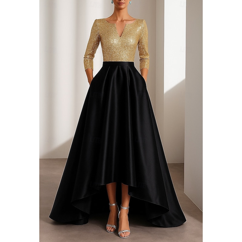 Black Gold A-Line Evening Gown Elegant Formal Dress Formal Wedding Asymmetrical Half Sleeve V Neck Satin with Glitter 2025