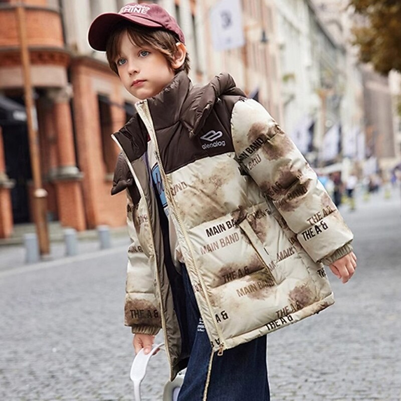 Kids Unisex Down Jacket Outdoor Jacket Puffer Jacket Outerwear Color Block Letter Long Sleeve Keep Warm Windproof Coat Outdoor Daily Basic White Brown Khaki Fall Winter 4 years+4