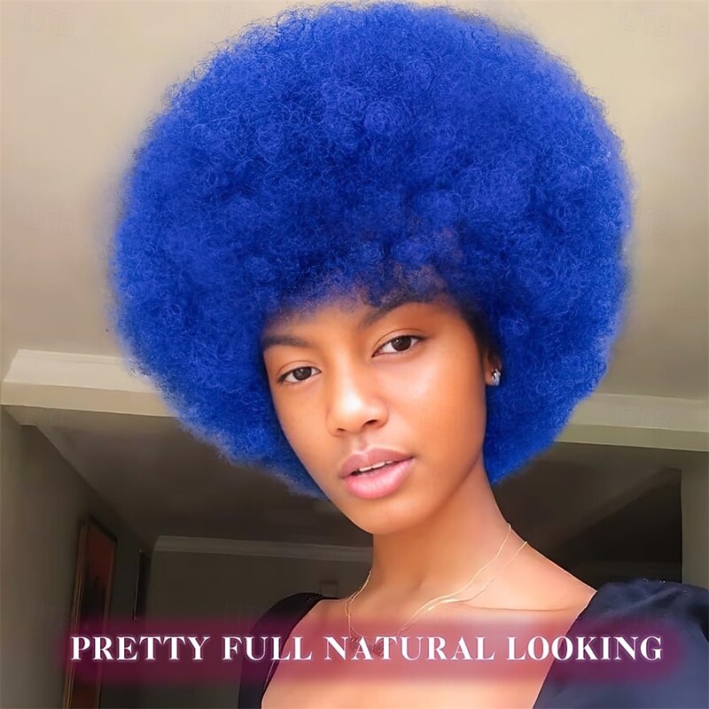 Short Afro Wigs for Black Women Big Bouncy Fluffy Afro Kinky Curly Wig Premium Synthetic Soft Natural Looking Blue Curly Afro Wig 70s4