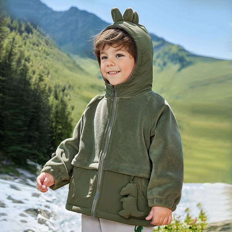 Kids Boys' Fleece Jacket Outdoor Jacket Coat Outerwear Solid Color Long Sleeve Zipper Pocket Comfort Keep Warm Soft Coat Outdoor Fashion Daily Green Spring Fall 4 years+