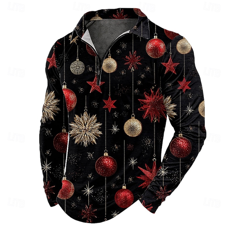 Christmas Men's Bells Zip Polo Shirts Long Sleeve Polo Shirts Lapel Casual Outdoor Festival Outfit 3D Print Fall Winter Lake blue Red Blue