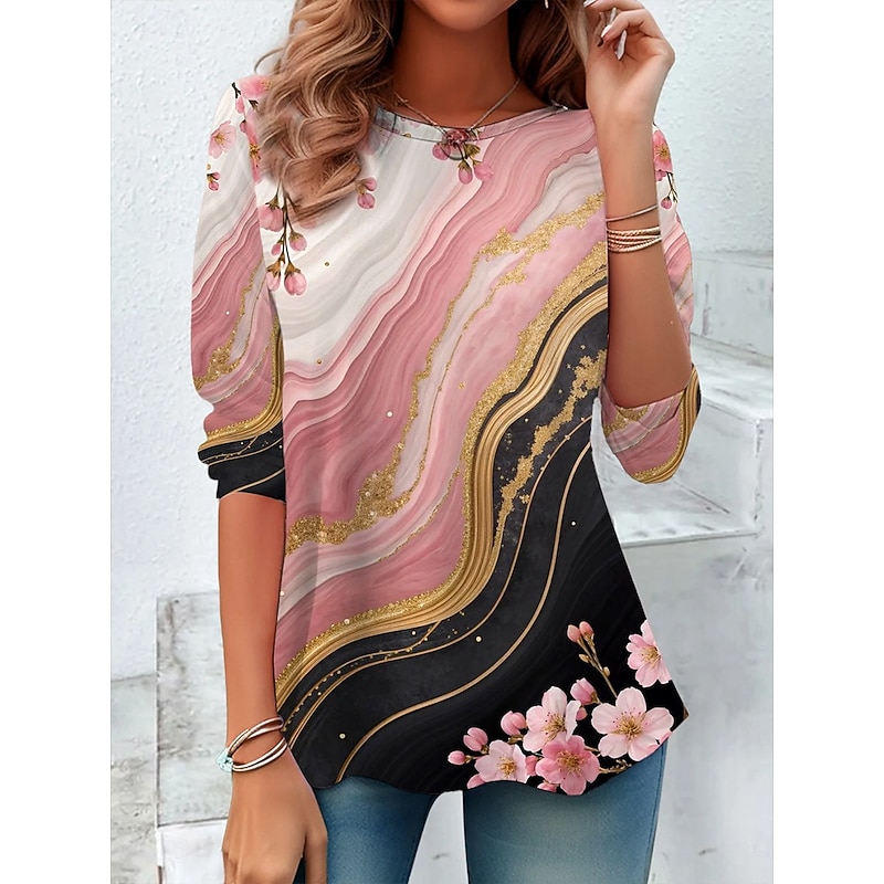 Women's T Shirt Ombre Floral Graphic Vintage Stylish Classic Long Sleeve Crew Neck Round Neck Regular Tops Daily Print Pink Spring Fall Winter