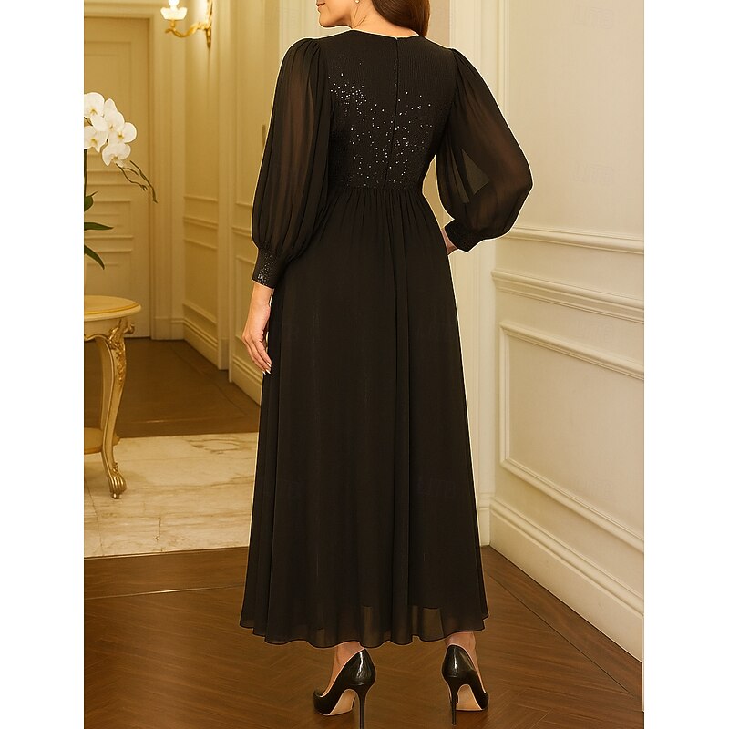 A-Line Mother of the Bride Dress Black Dress Plus Size Sparkle & Shine Crew Neck Ankle Length Chiffon Sequined Long Sleeve with Sequin2