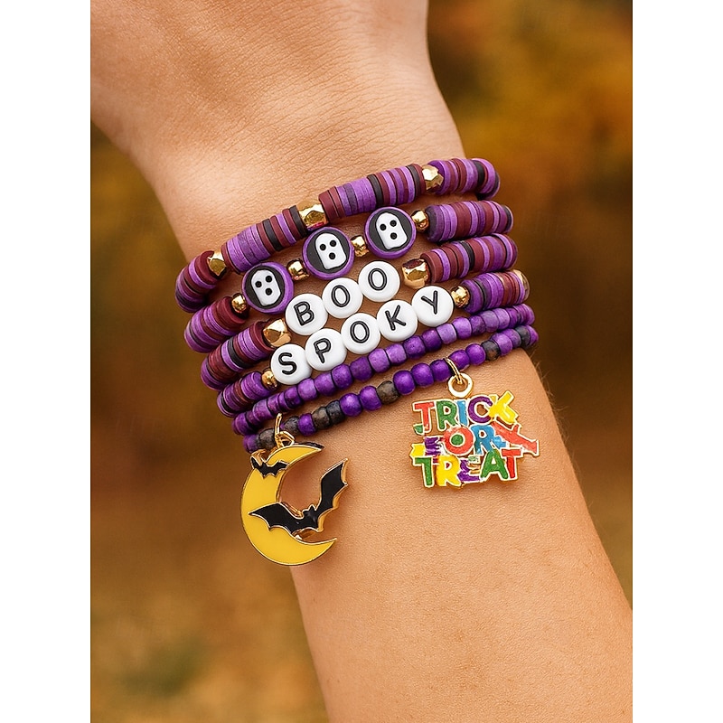 Women's Halloween Beaded Charm Bracelets – Colorful Stretch Stackable Bangles with Pumpkin, Ghost and Bat Pendants for Party Jewelry2
