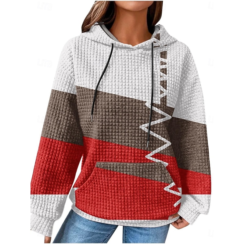 Women's Pullover Hoodie Sweatshirt Geometric Striped Casual Long Sleeve Hooded Regular Tops Street Dailywear Pocket Print White Wine Red Blue Fall Winter2