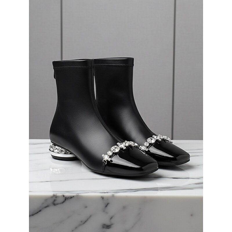 Women's Black Ankle Boots with Crystal-Embellished Low Heels and Rhinestone Strap, Elegant Urban Luxury Party Footwear2