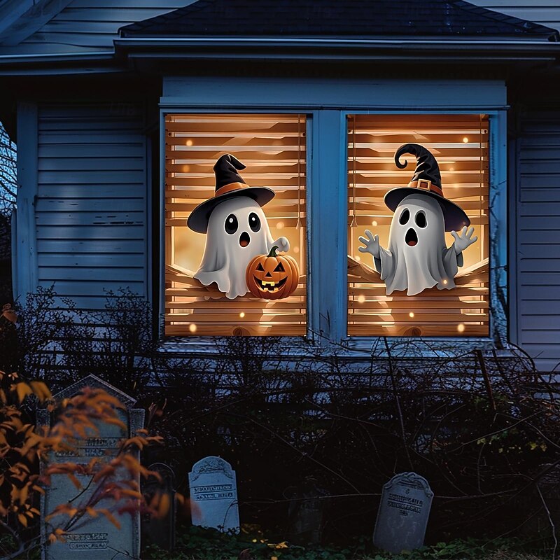 Halloween Hanging Window Cover Pumpkin Ghost Witch Hat Spooky Photo Background Decoration Blanket Curtains for Home Bedroom Living Room Party Holiday Indoor Outdoor Decor2