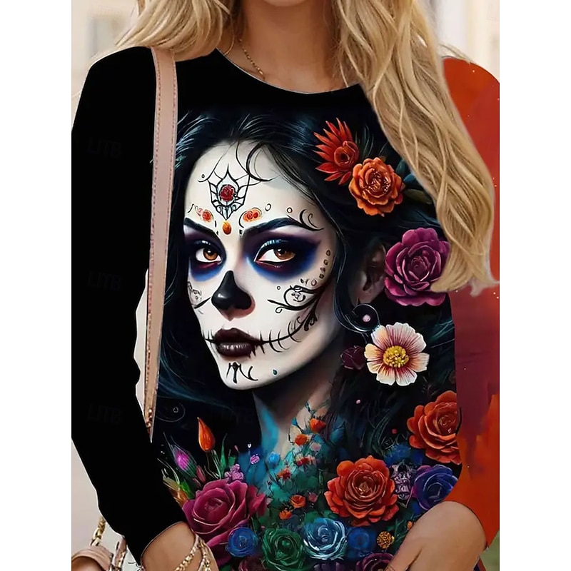 Halloween Women's T Shirt Skulls Graphic Fashion Casual Long Sleeve Crew Neck Round Neck Regular Tops Daily Weekend Print Red Summer Spring Fall2