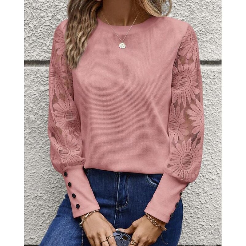 Women's Blouse Elegant Stylish Basic Long Sleeve Crew Neck Regular Tops Daily Lace Buttons Black White Pink Beige Gray Spring Fall Winter3